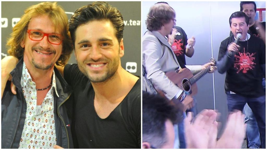 Alejandro Abad junto a Bustamante; y Alejandro Abad tocando mientras un empleado de Toyota canta.