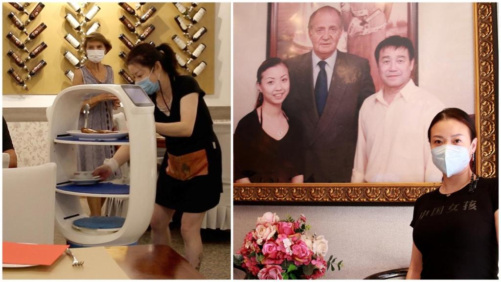 Susi sirve con el robot Cacahuete (izquierda) y con Juan Carlos I (derecha)