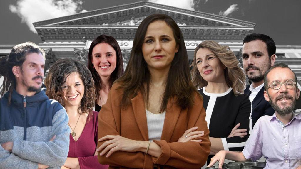 Ione Belarra, Yolanda Díaz, Pablo Echenique, Sofía Castañón, Alberto Garzón, Alberto Rodríguez e Irene Montero