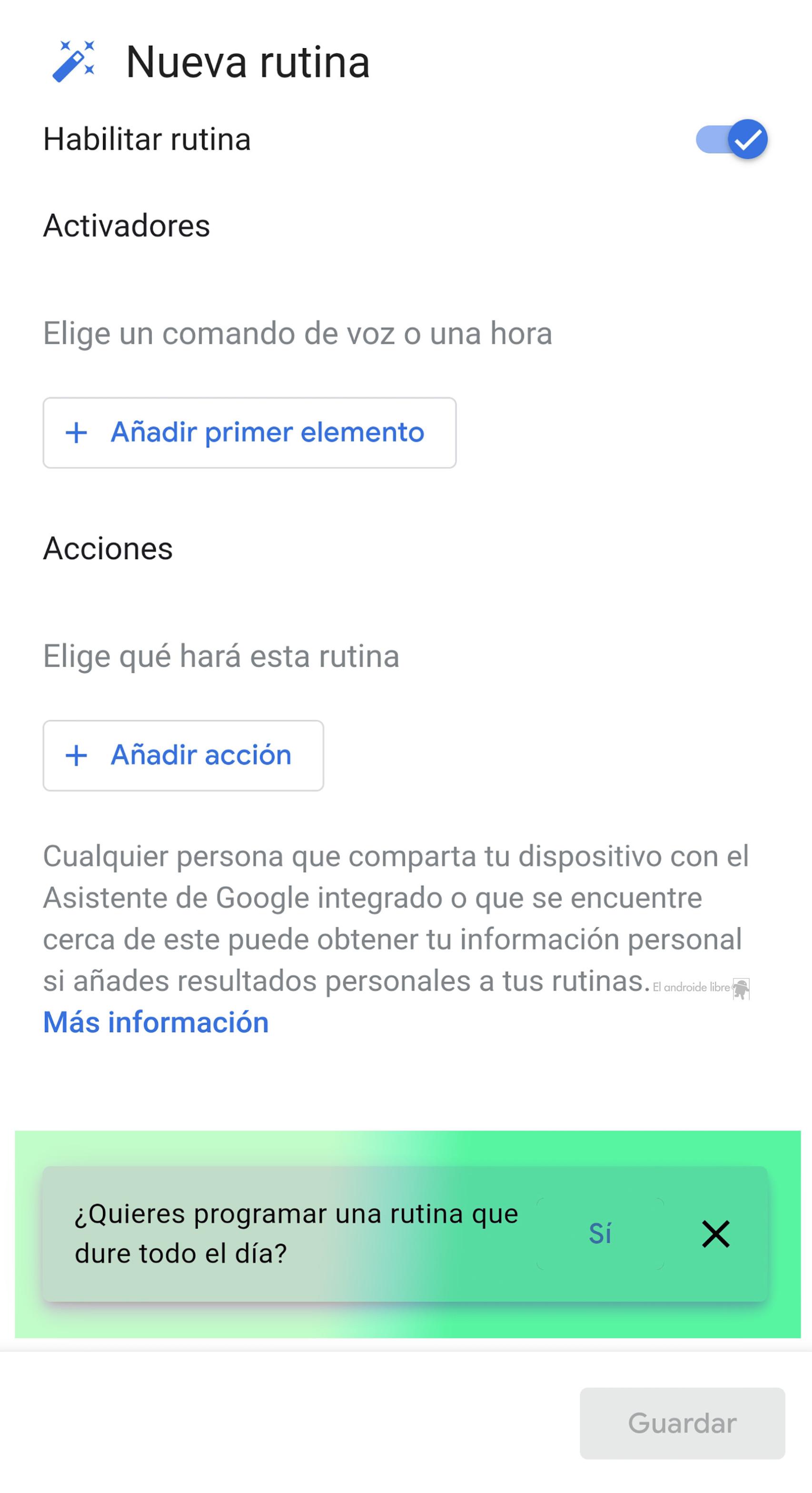 Pantalla de creación de las rutinas