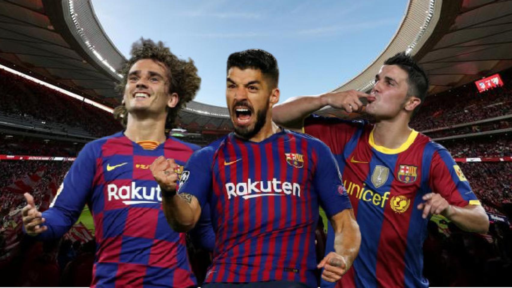 Griezmann, Luis Suárez y David Villa celebrando goles con el Barça en un fondo con el Wanda Metropolitano