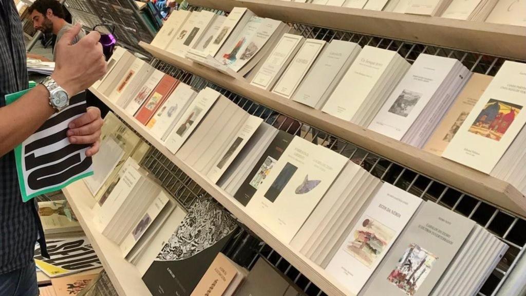 Un asistente a la primera edición de la Selic, Semana do Libro de Compostela, en la Praza da Quintana.