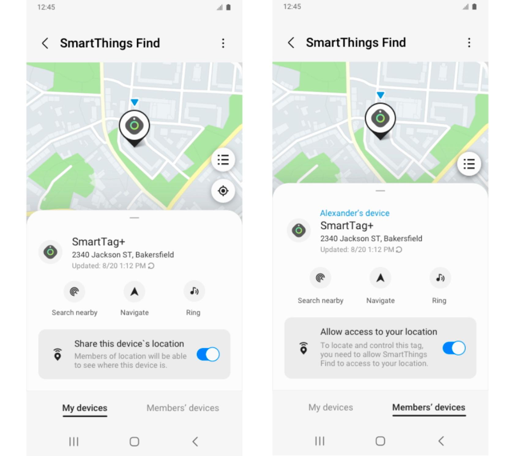 Interfaz de la función SmartThings Find Members