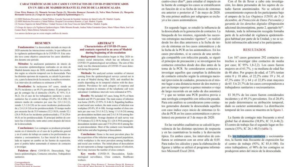 Informe oficial de Sanidad sobre los contagios de sanitarios en su lugar de trabajo.