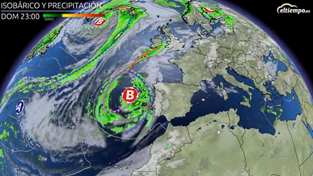 La aproximación de la borrasca durante el fin de semana. Eltiempo.es.