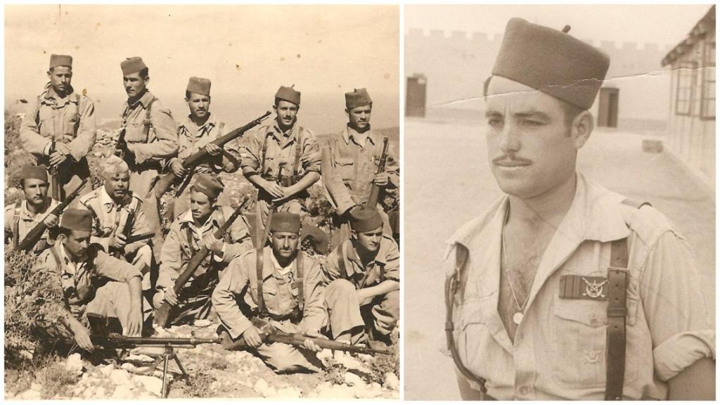 Ángel, a la izquierda con su pelotón y a la derecha él solo, en Sidi Ifni.