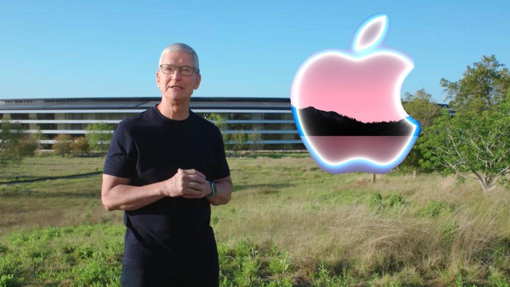 Tim Cook, CEO de Apple, y el logo del evento.