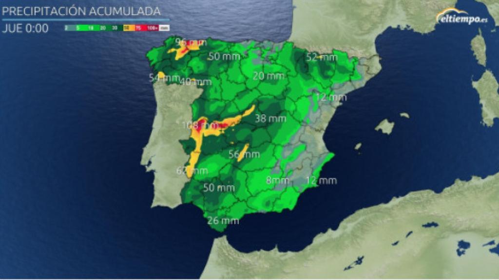 Previsión de precipitación acumulada entre el lunes y el miércoles. Eltiempo.es