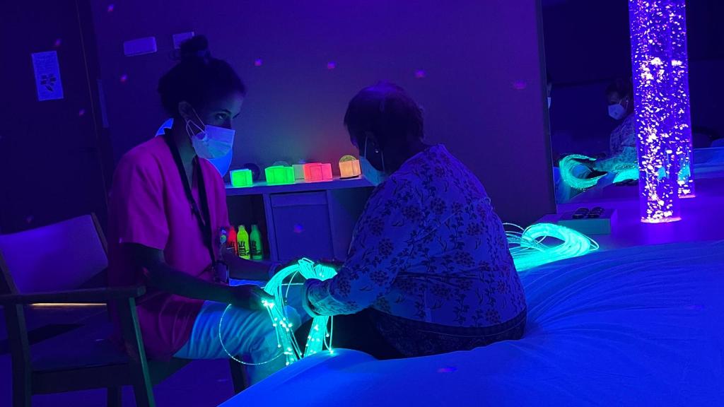 Terapeuta ocupacional del Centro de Día Fátima de Madrid, con una usuaria, durante el desarrollo de una terapia.