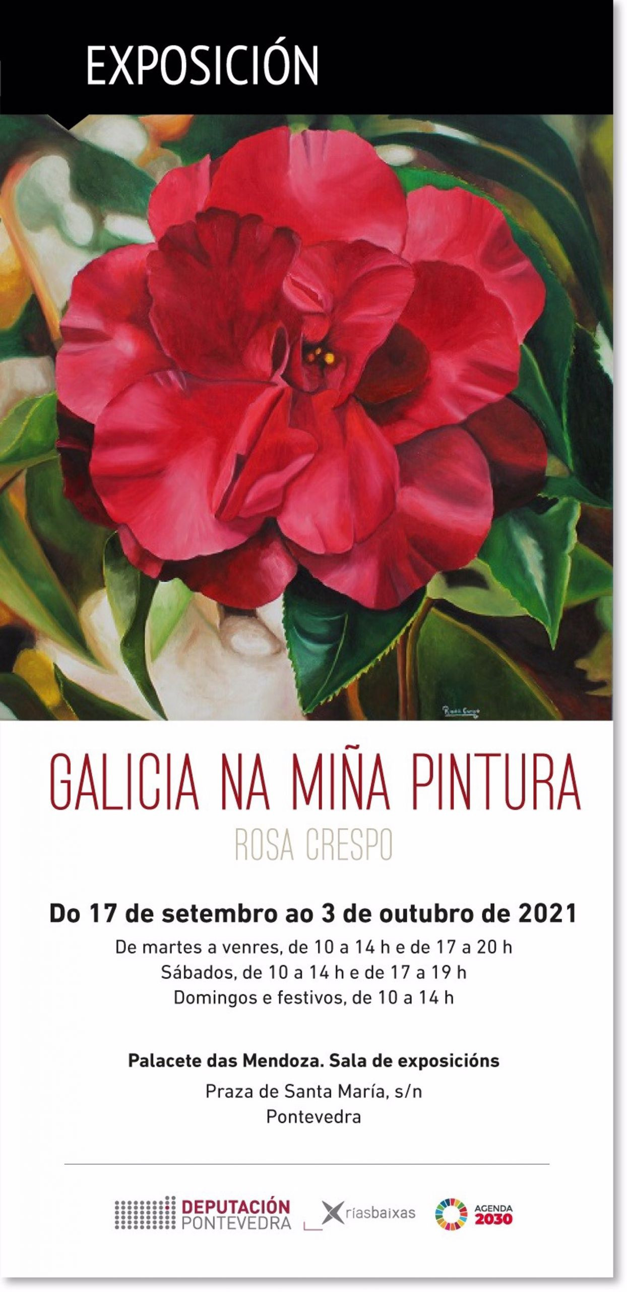 17-09-2021 El Palacete de las Mendoza, sede de Turismo Rías Baixas, acoge desde este viernes una exposición de Rosa Crespo.

Tras año y medio de pandemia, la sala de exposiciones del Palacete das Mendoza, sede de Turismo Rías Baixas, reabre sus puertas con tres muestras ya cerradas entre septiembre y diciembre, entre ellas ‘Galicia na miña pintura’ de Rosa Crespo, que puede visitarse desde este viernes.

CULTURA ESPAÑA EUROPA GALICIA AUTONOMÍAS
DIPUTACIÓN DE PONTEVEDRA