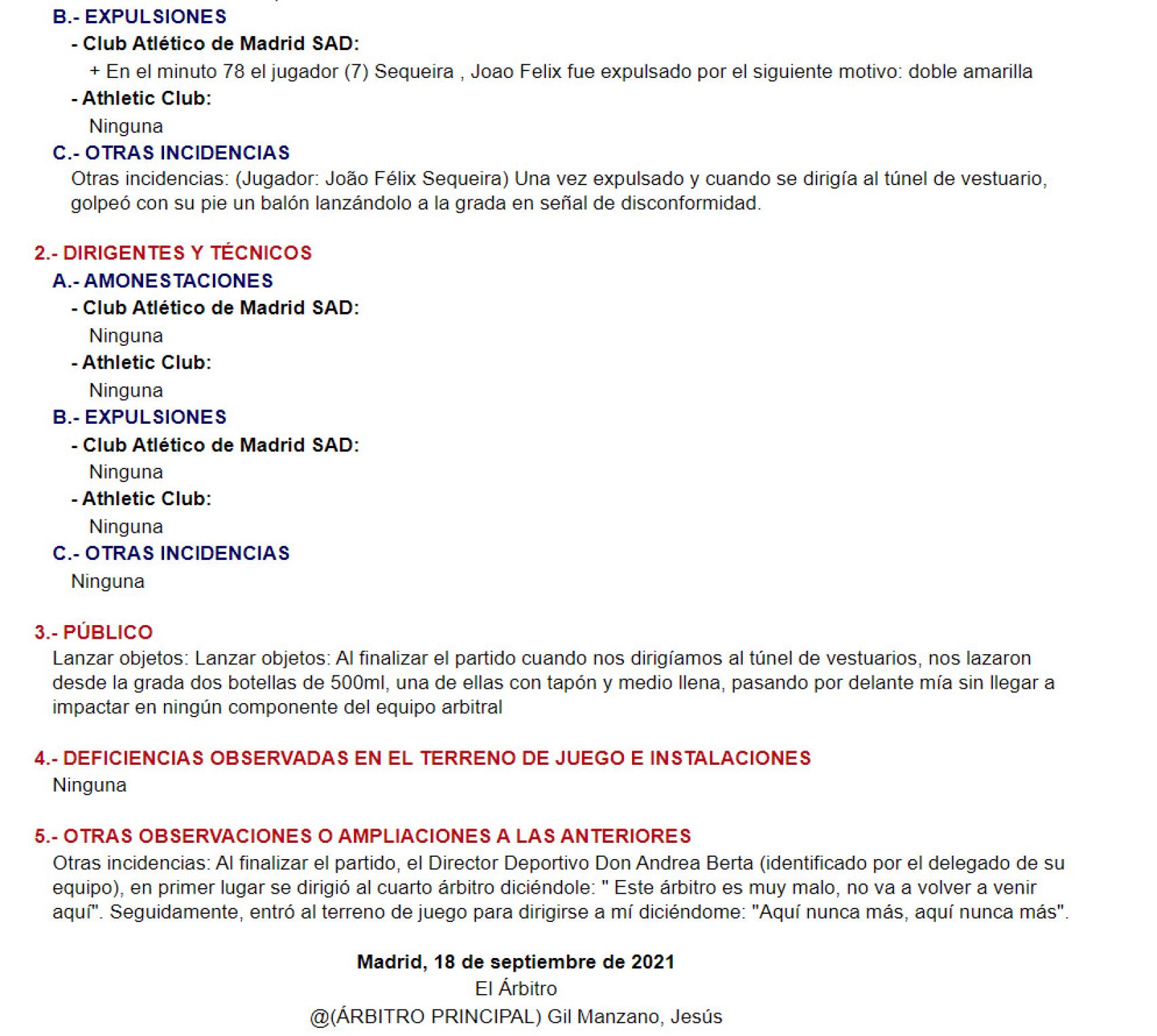 El acta del Atlético de Madrid - Athletic Club