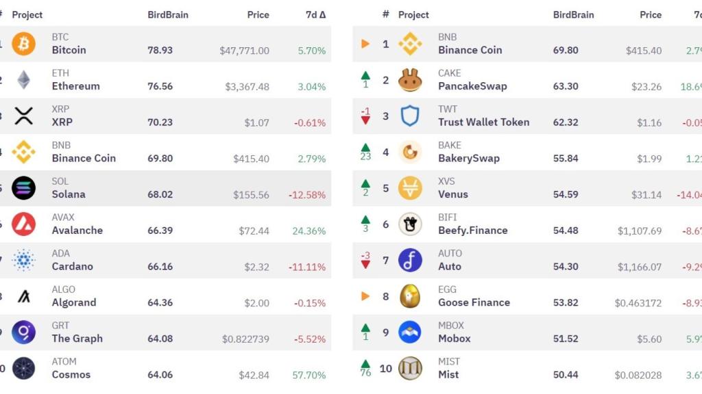 Clasificaciones de Crypto Birds a fecha del 13 de septiembre de 2021