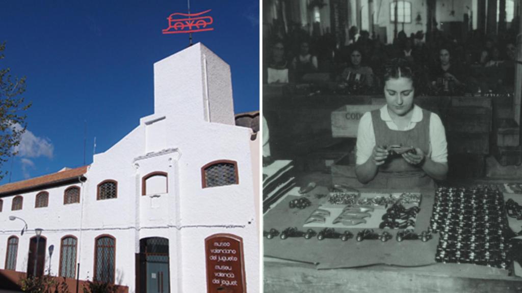 A la izquierda la antigua fábrica Payá, y a la derecha, una empleada con los juguetes.