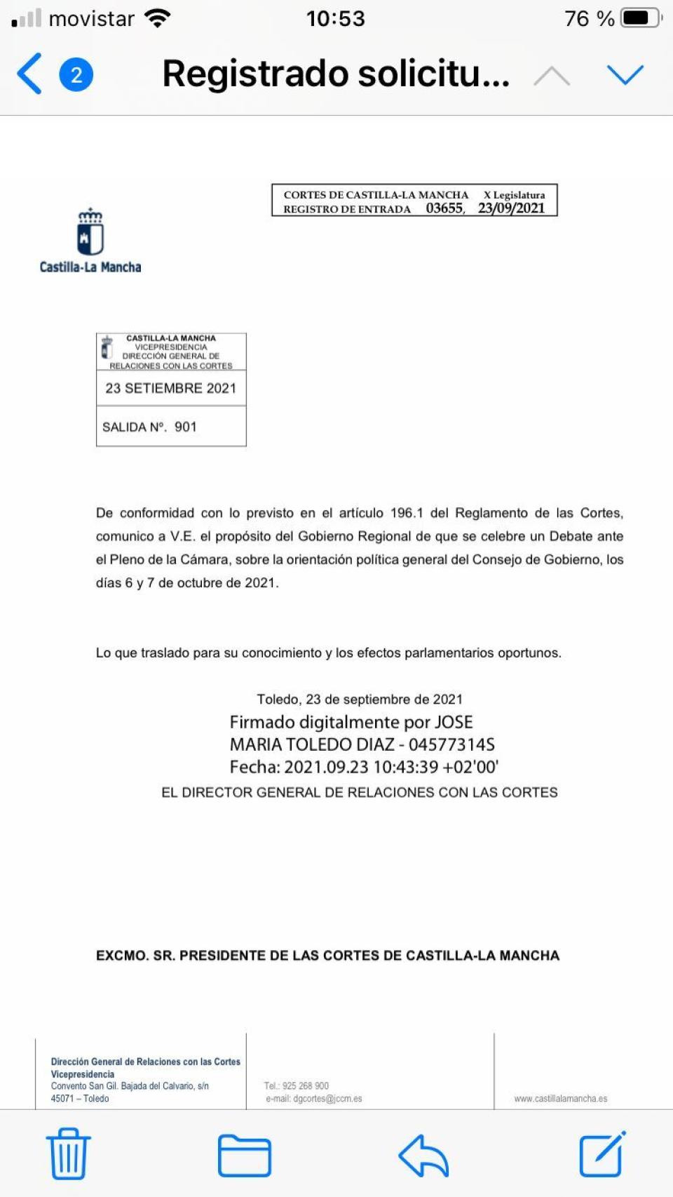 Escrito oficial para el Debate del Estado de la Región