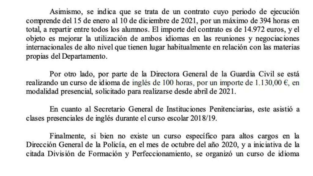 Fragmento de la respuesta a la pregunta parlamentaria.