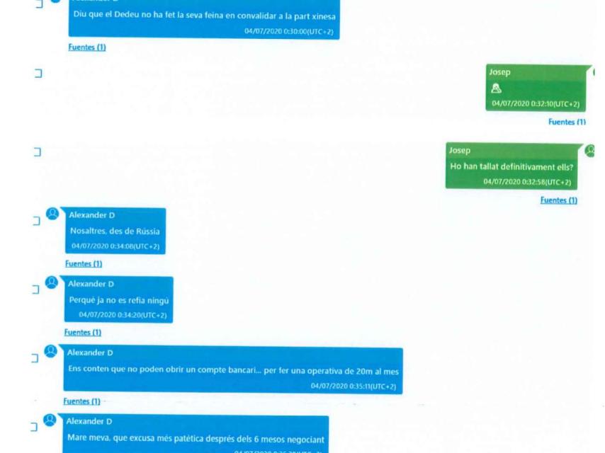 Dmitrenko muestra su malestar ante Josep Alay, en un chat de Telegram el 4 de julio de 2020, porque Joan Dedeu ni ha hecho su trabajo para garantizar los pagos desde China.
