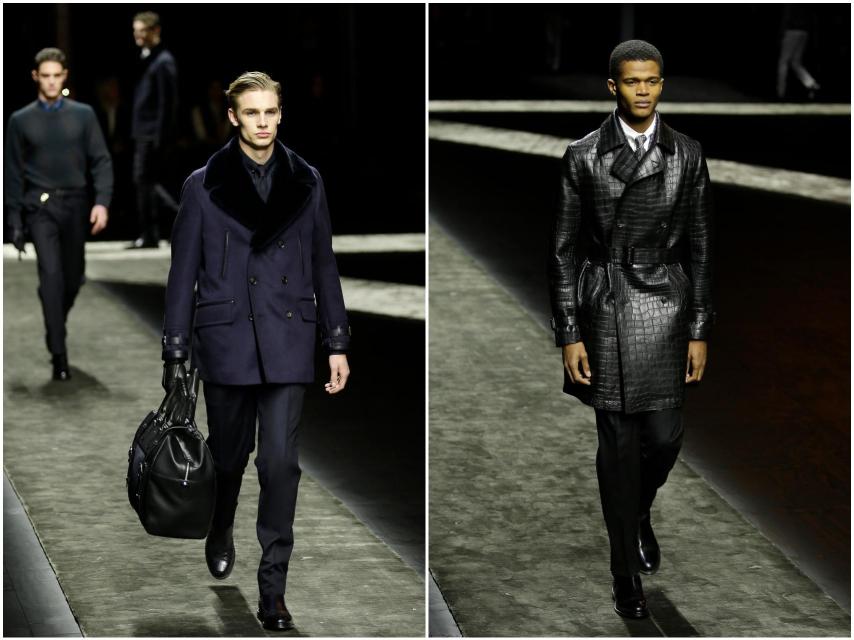 Modelos con chaquetas de piel de Brioni.