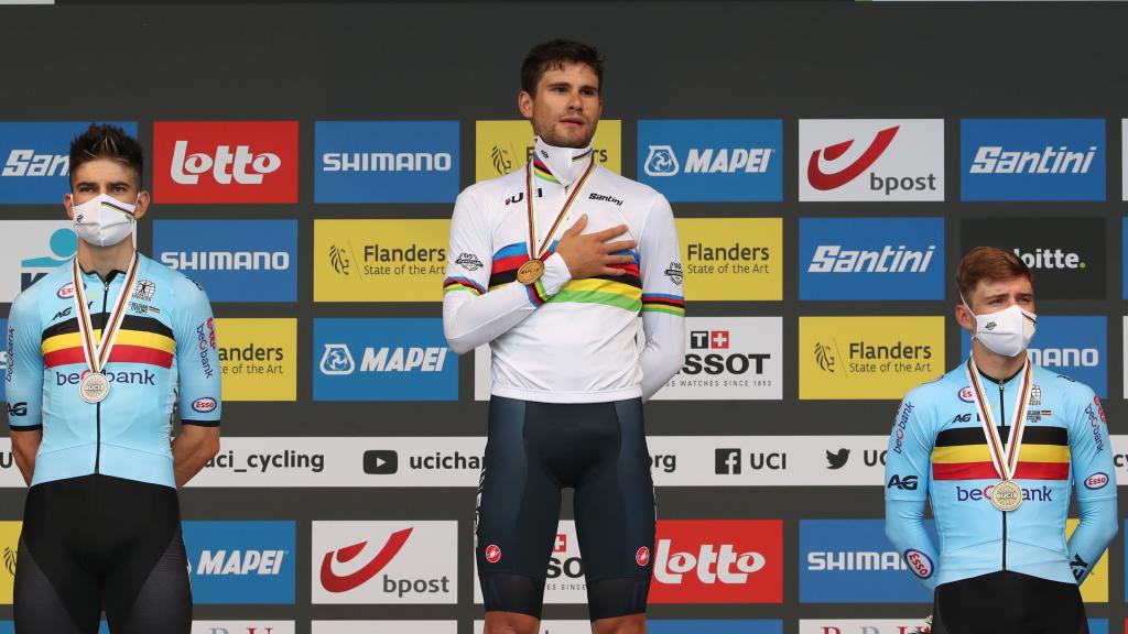 Wout Van Aert, Filippo Ganna y Remco Evenepoel, en el podio de la prueba contrarreloj del Mundial de Flandes 2021