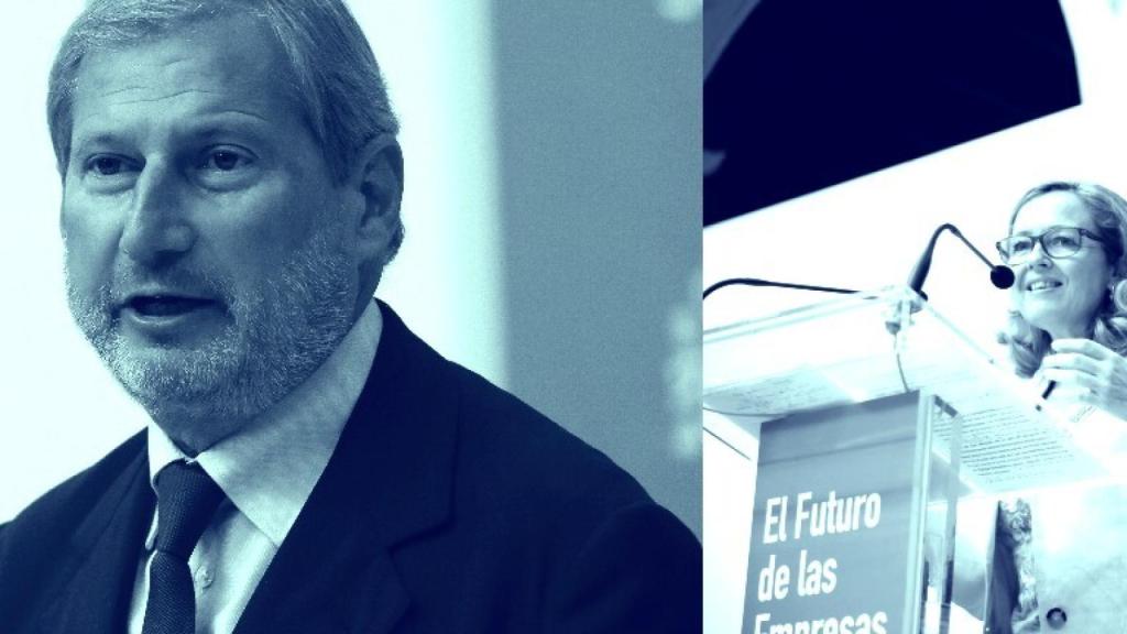 El comisario de Presupuestos, Johannes Hahn, y la vicepresidenta económica, Nadia Calviño.