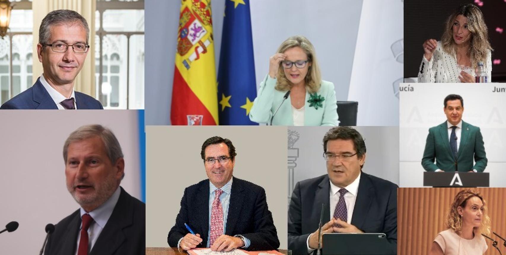 Pablo Hernández de Cos, Nadia Calviño, Yolanda Díaz, Johannes Hahn, Antonio Garamendi, José Luis Escrivá, Juanma Moreno y Meritxell Batet.