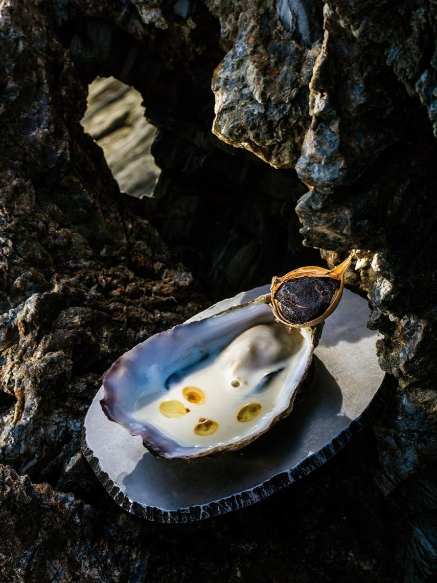 Ostra con ajo negro y Ajoblanco