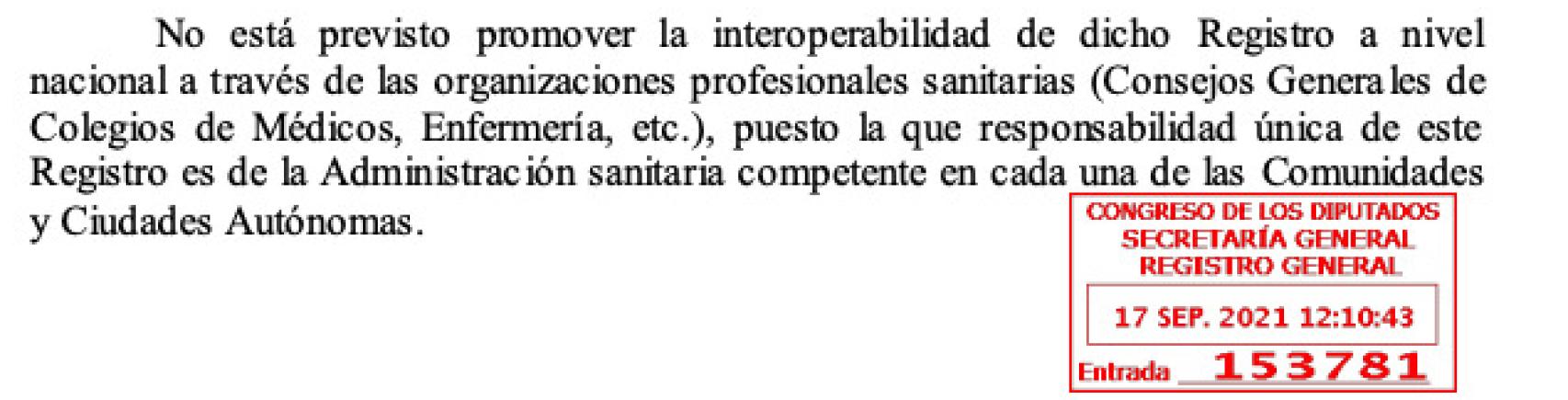 Respuesta parlamentaria en la que Sanidad descarta poner en marcha un registro nacional de médicos objetores.