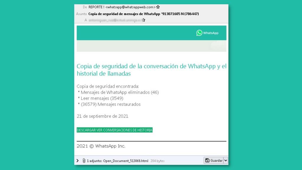 Correo falso en nombre de WhatsApp