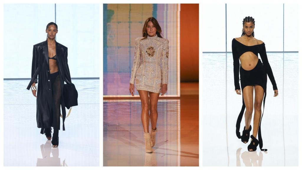 Tres salidas del desfile, en el medio, Carla Bruni.