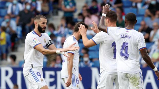 Karim Benzema celebra su gol al Espanyol