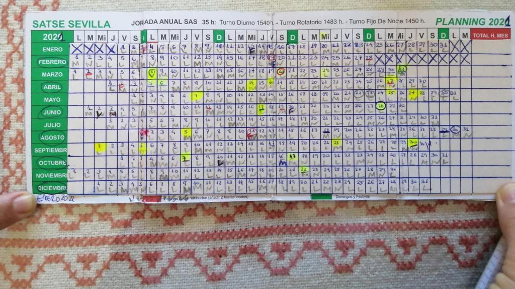 El cuadrante anual con los turnos de trabajo de la sanitaria sevillana.