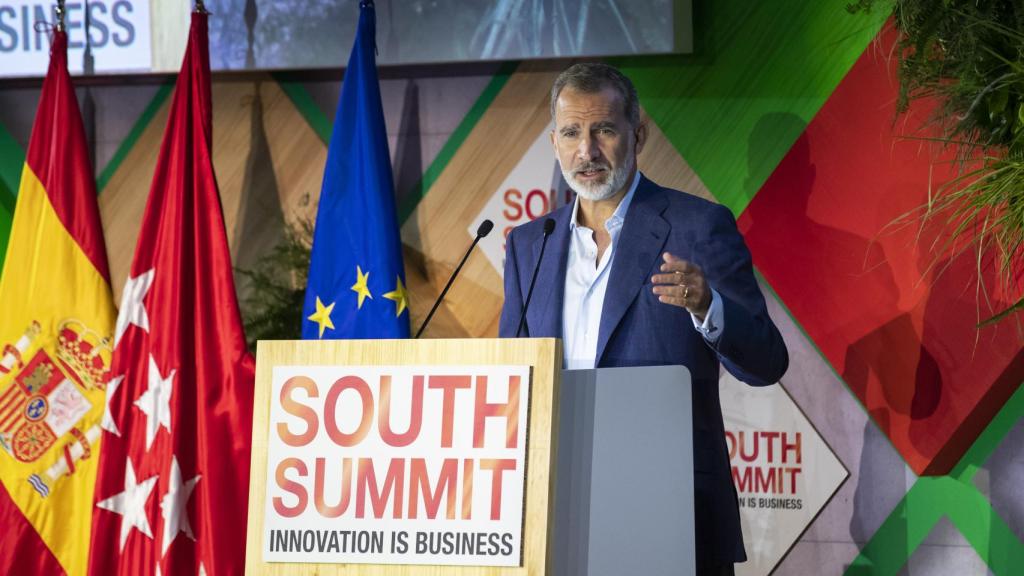 Su Majestad, el rey Felipe VI, durante su intervención en South Summit 2021.