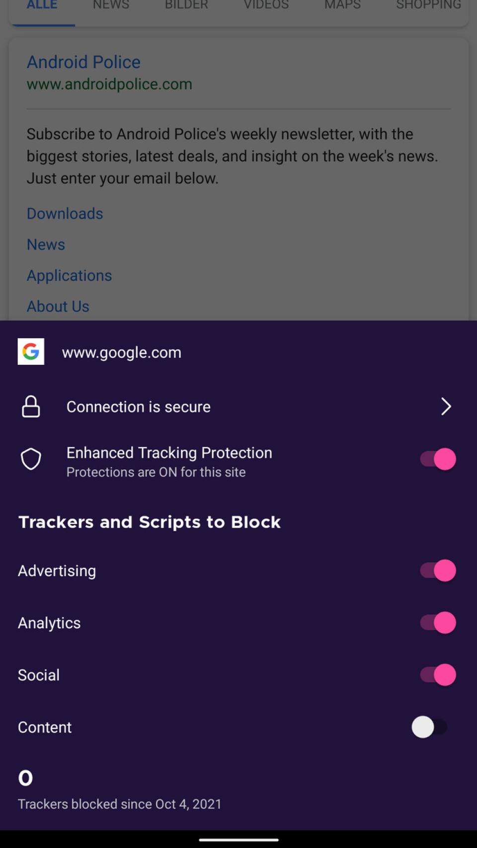 Nuevos menús de Firefox Focus 93
