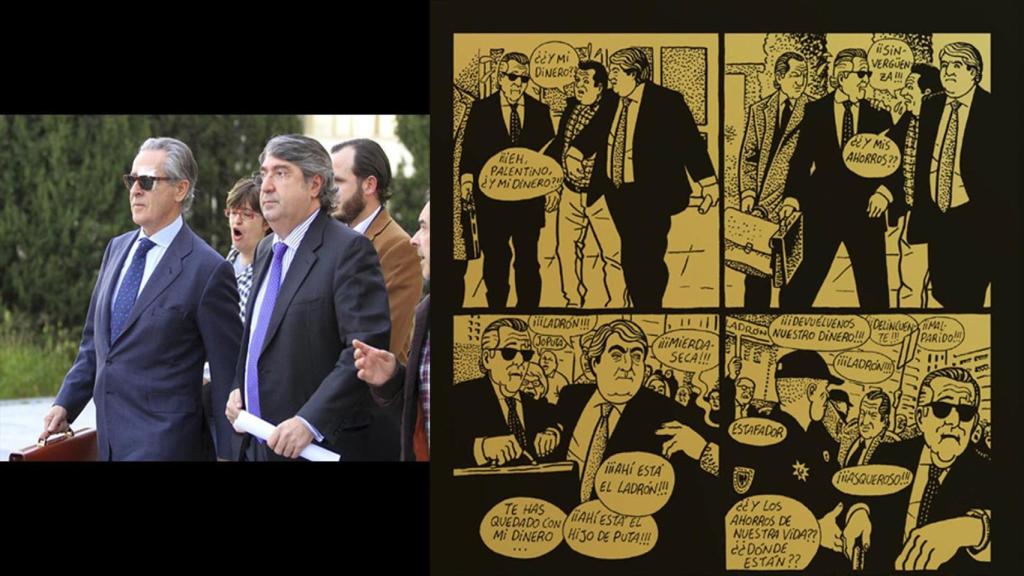 Una de las páginas de 'Primavera para Madrid' junto con la foto de Blesa camino del juzgado durante el juicio de las preferentes.