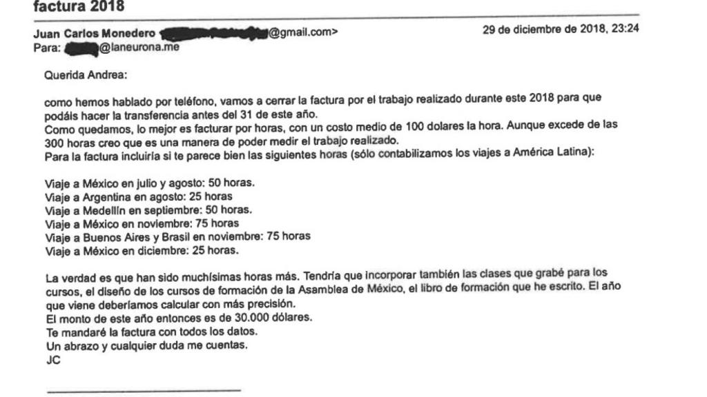 El email remitido por Monedero a la administradora de Neurona.