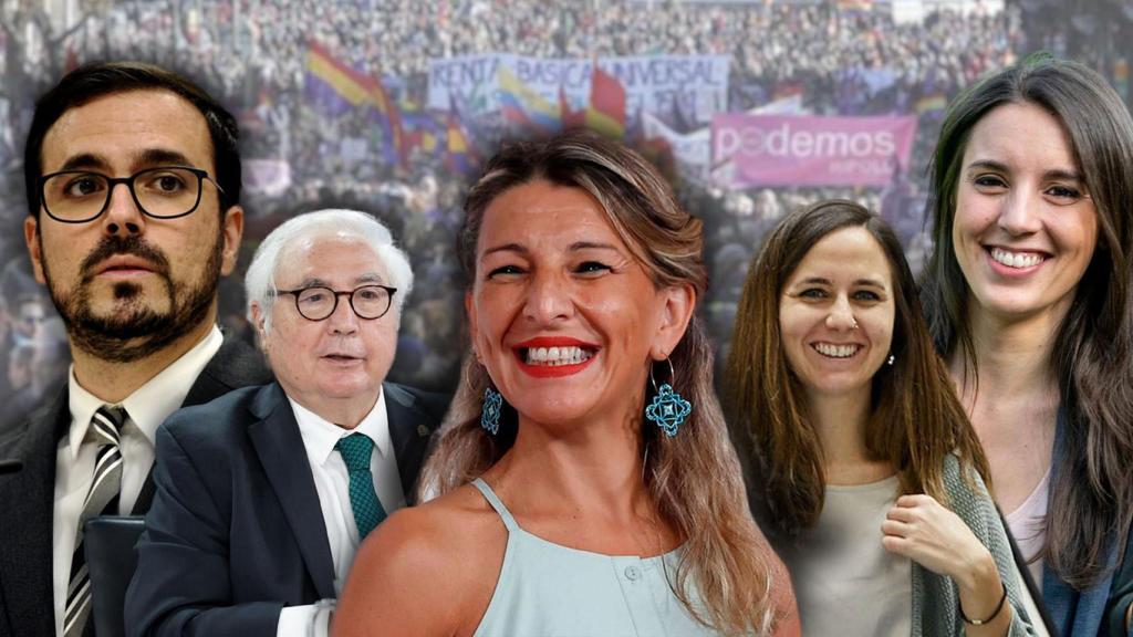 De izquierda a derecha: Alberto Garzón, Manuel Castell, Yolanda Díaz, Ione Belarra e Irene Montero.