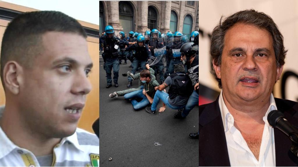 Giuliano Castellino (i) y Roberto Fiore (d), junto a una imagen de los disturbios del domingo.