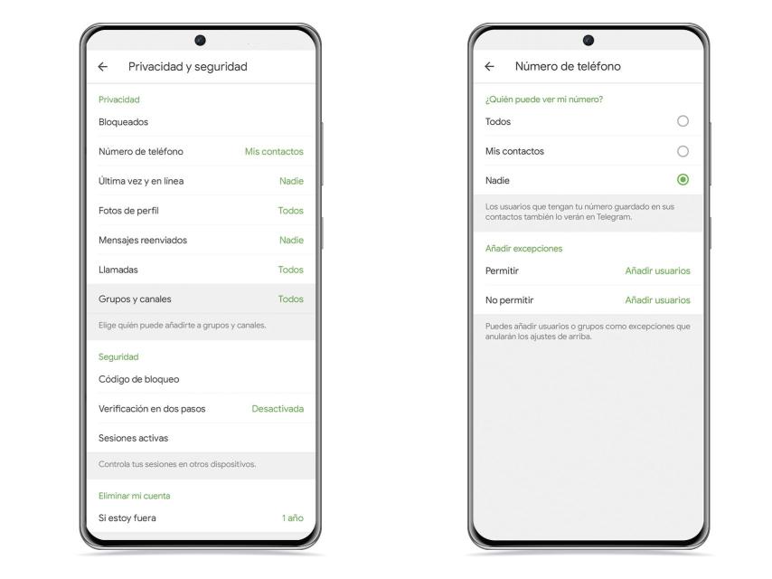 Opción ocultar número de teléfono en Telegram