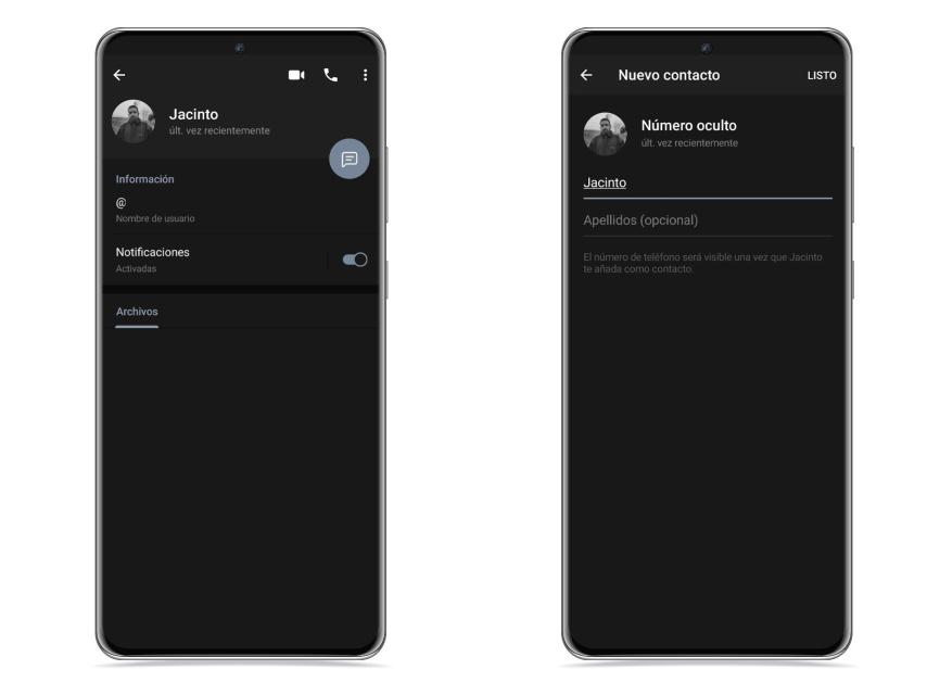 El número de teléfono en Telegram no aparece en la ficha de contacto