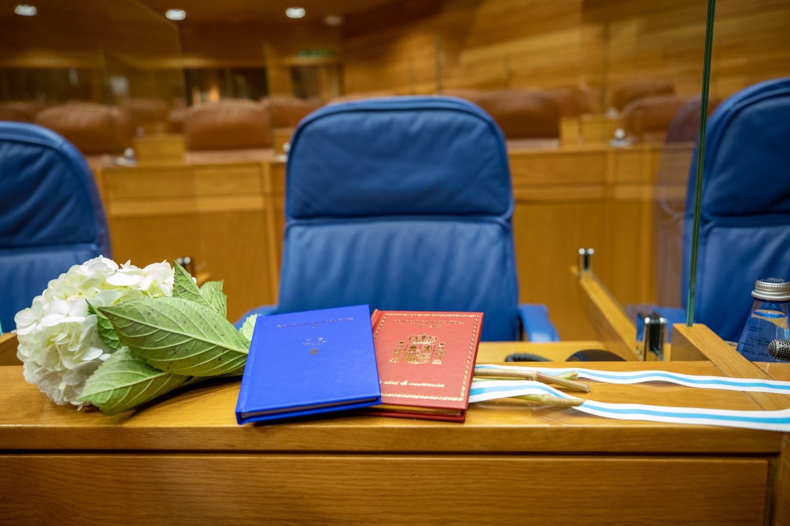 Hortensia y ejemplares de Constitución y Estado de la Autonomía en el escaño del conselleiro (Fuente: @FeijooGalicia)