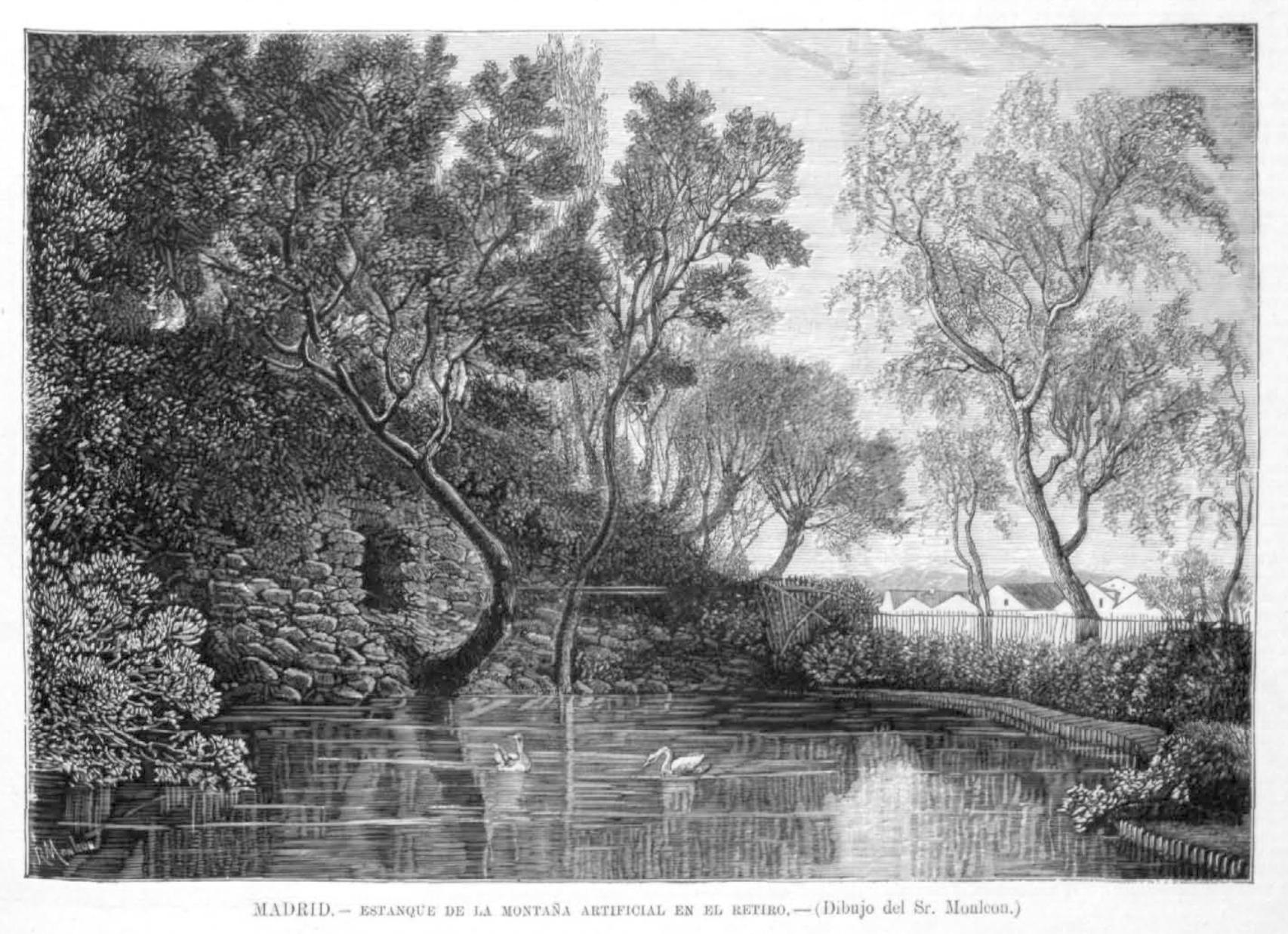 Estaque de la Montaña Artificial en 1878, según un grabado de Rafael Monleón.