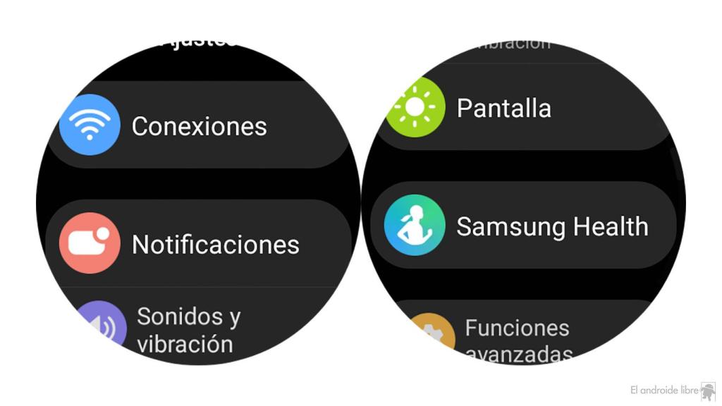 La sección de ajustes en el Galaxy Watch 4 de Samsung