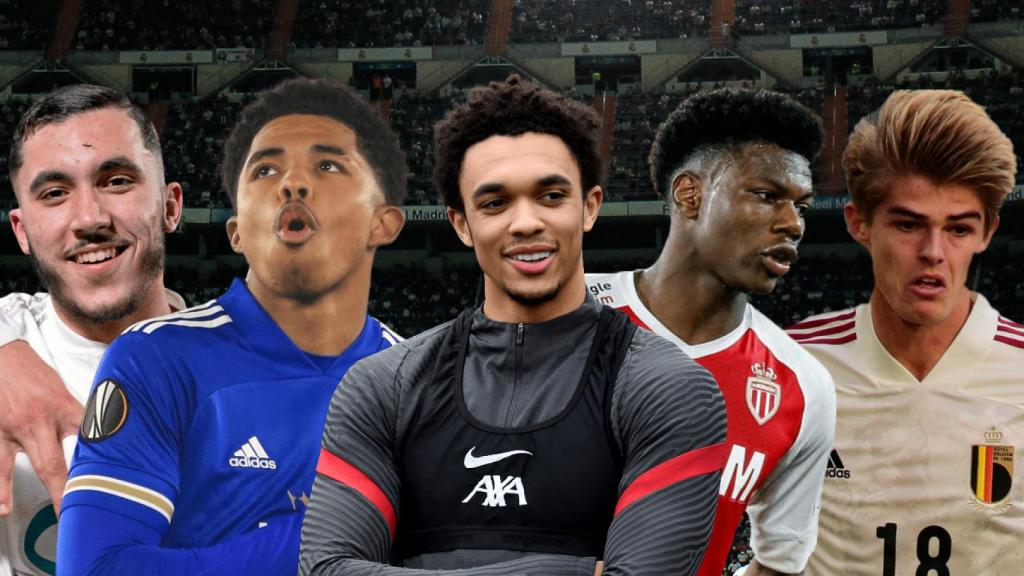 Rayan Cherki, Wesley Fofana, Trent Alexander-Arnold, Aurelien Tchouameni y Charles De Ketelaere, en un fotomontaje