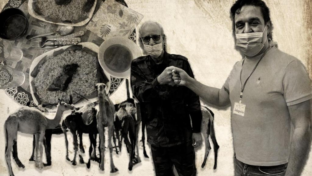 Carles Mulet saluda a Ghali. En la foto, los camellos de Tinduf (algunos acabaron en el plato).