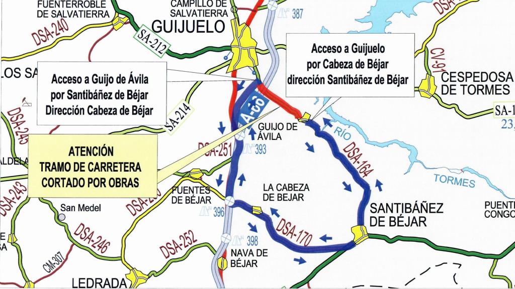 La carretera DSA-164, entre Guijuelo y Guijo de Ávila, cortada por obras hasta febrero de 2022