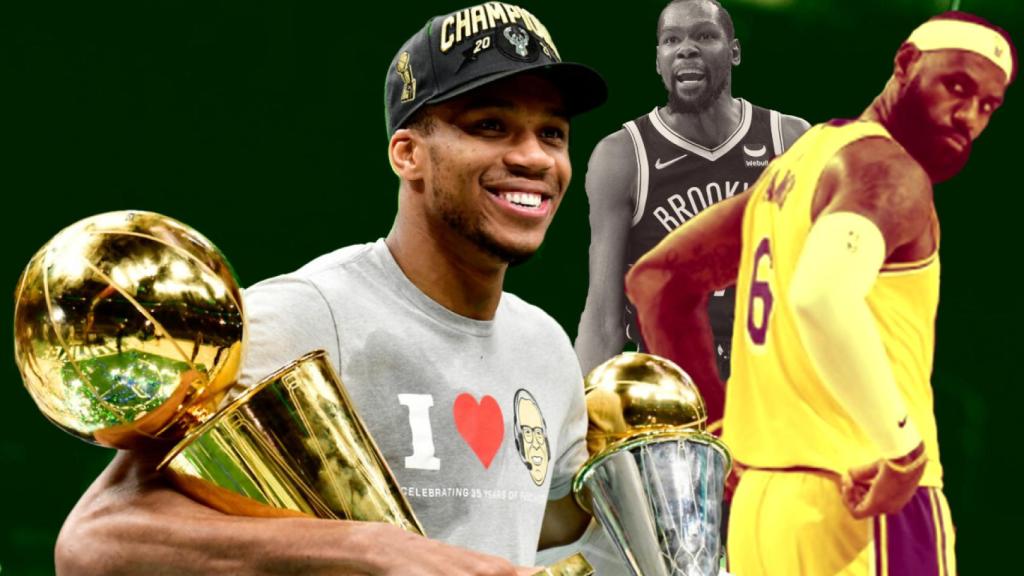 Giannis Antetokounmpo, LeBron James y Kevin Durant, en un fotomontaje