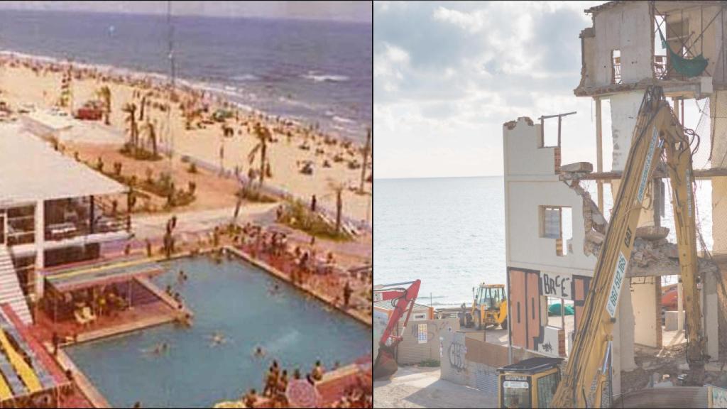 El Hotel de Arenales, durante su apertura y en el derribo este martes.