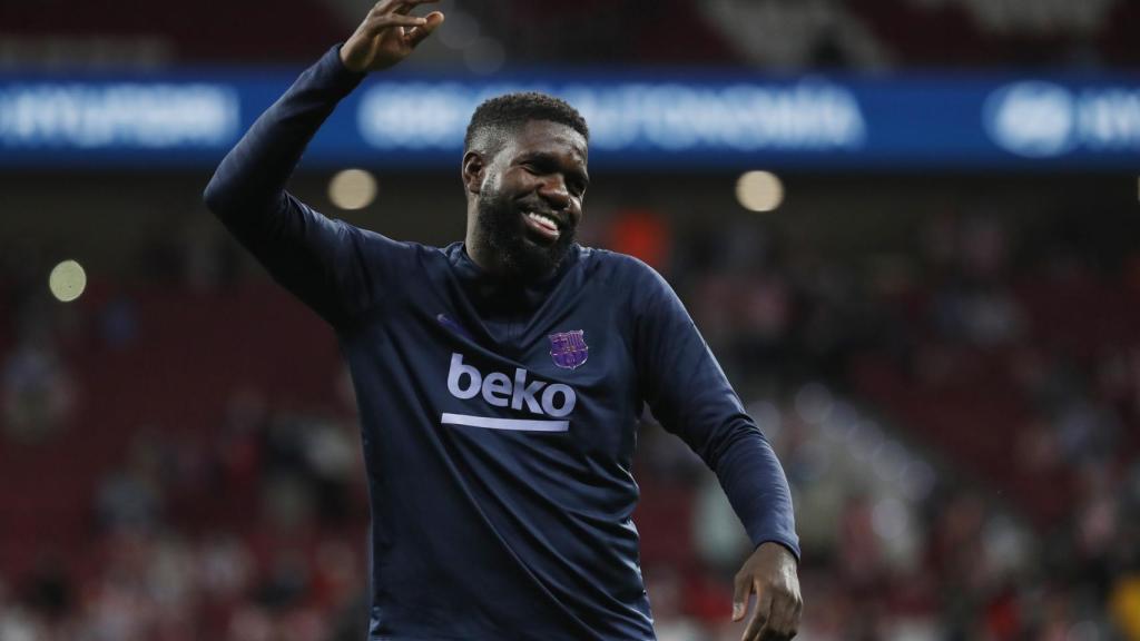 Samuel Umtiti, calentando con el Barça