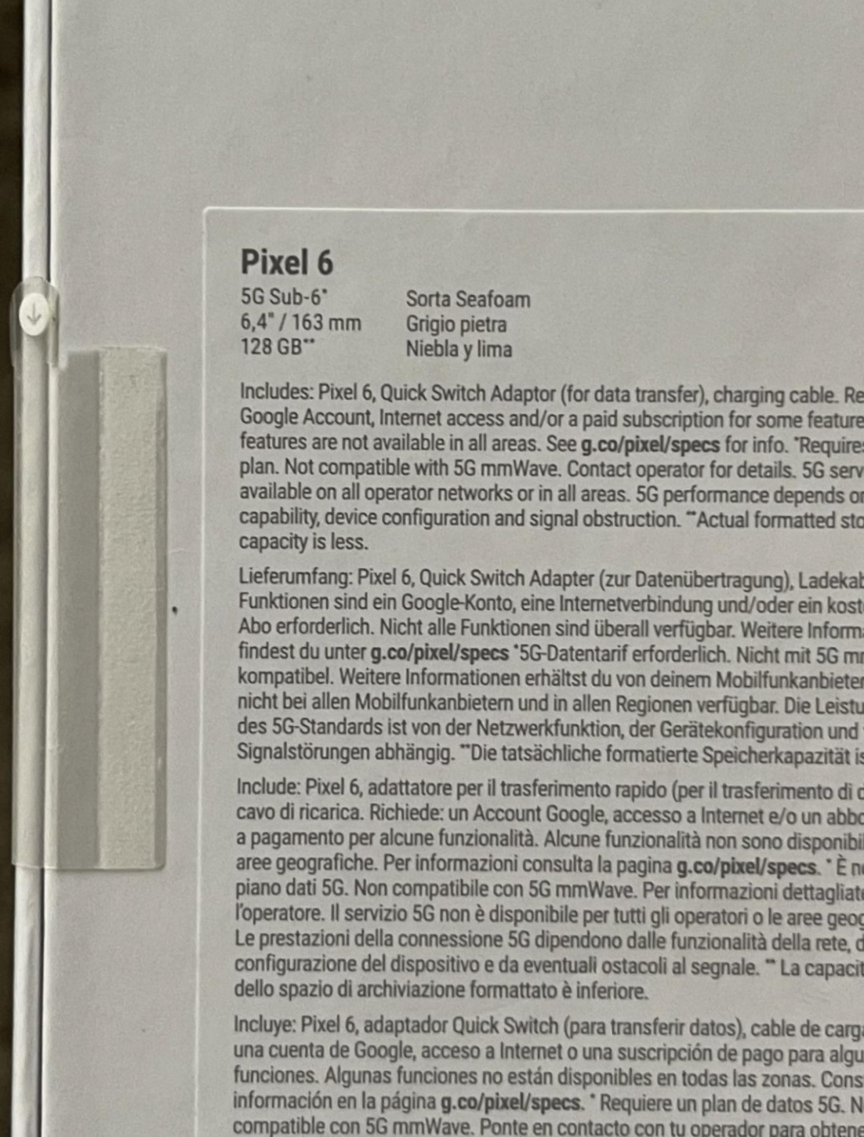 Caja del Pixel 6 con texto en español