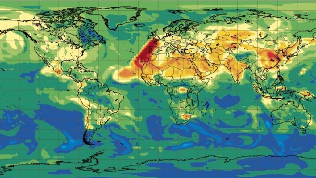 La columna de dióxido de azufre (SO2) procedente del volcán Cumbre Vieja en la isla de La Palma, en Canarias, sobre Galicia y Portugal.