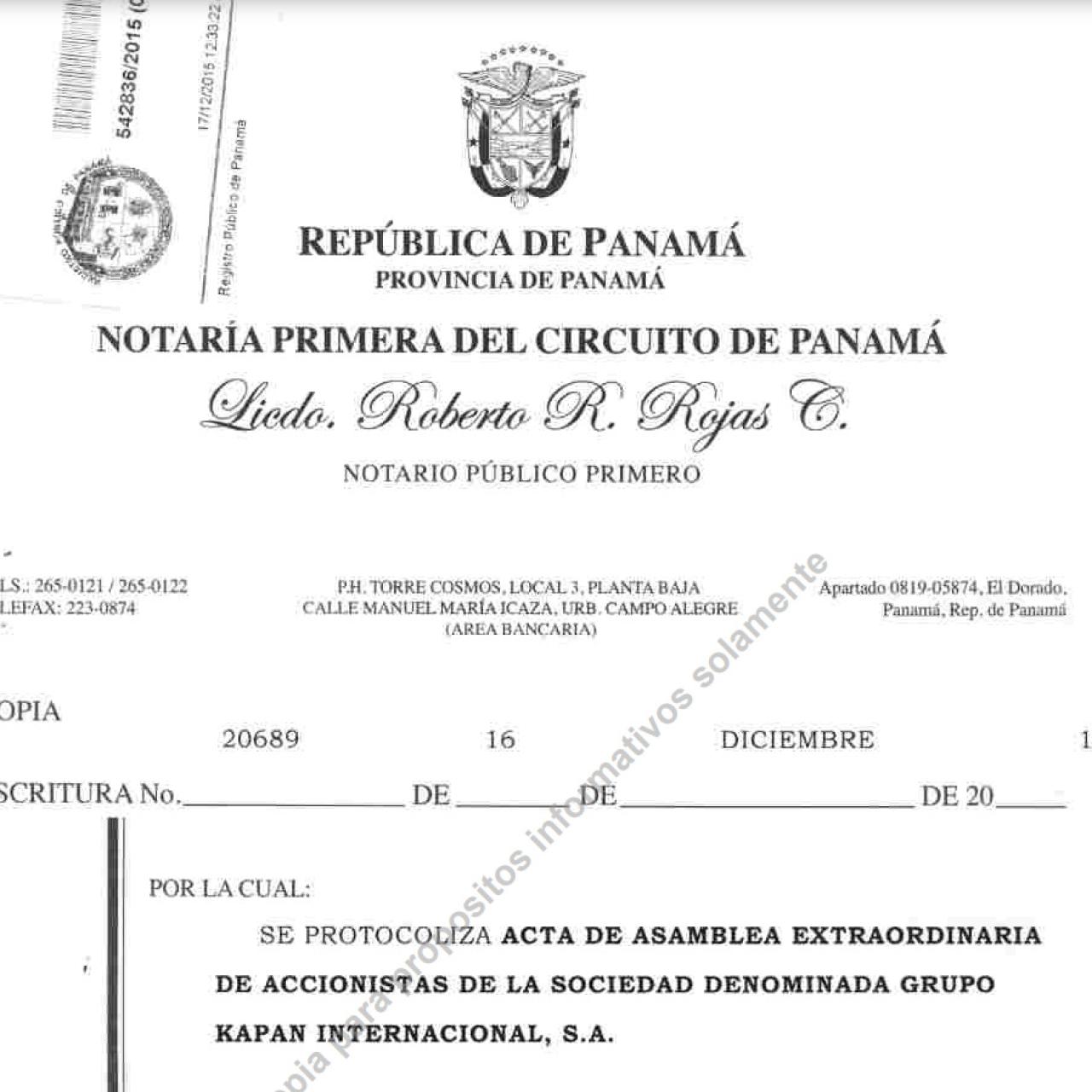 Acta de la asamblea general extraordinaria del Grupo Kapan Internacional SL; depositada en la Notaría Primera del Circuito de Panamá.